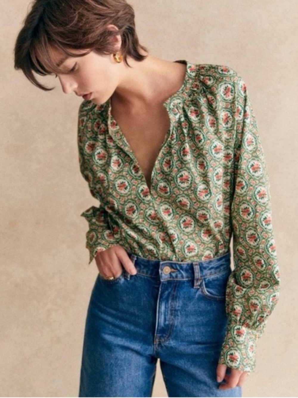 Sezane Carla Green Floral Print Blouse Size 40